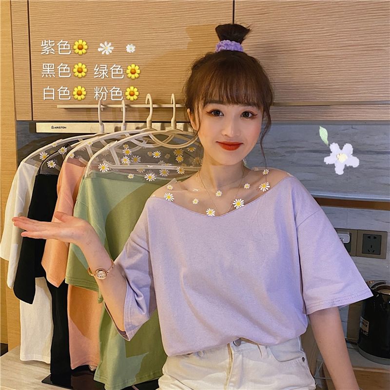 Áo Phông Nữ Summer New Daisy Yarn Splicing Loose Short Sleeve T-shirt Female Student Top