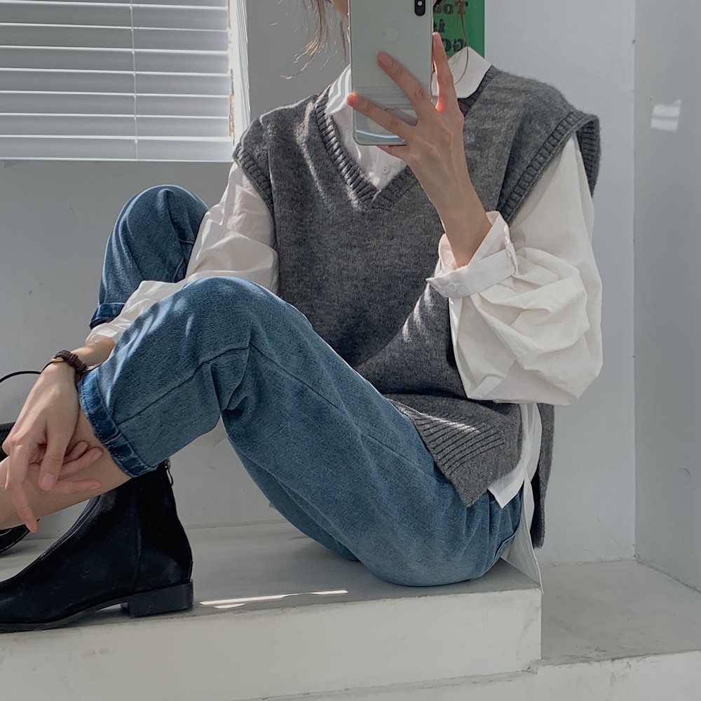 Áo len gile xám xinh freesize - Hàng order