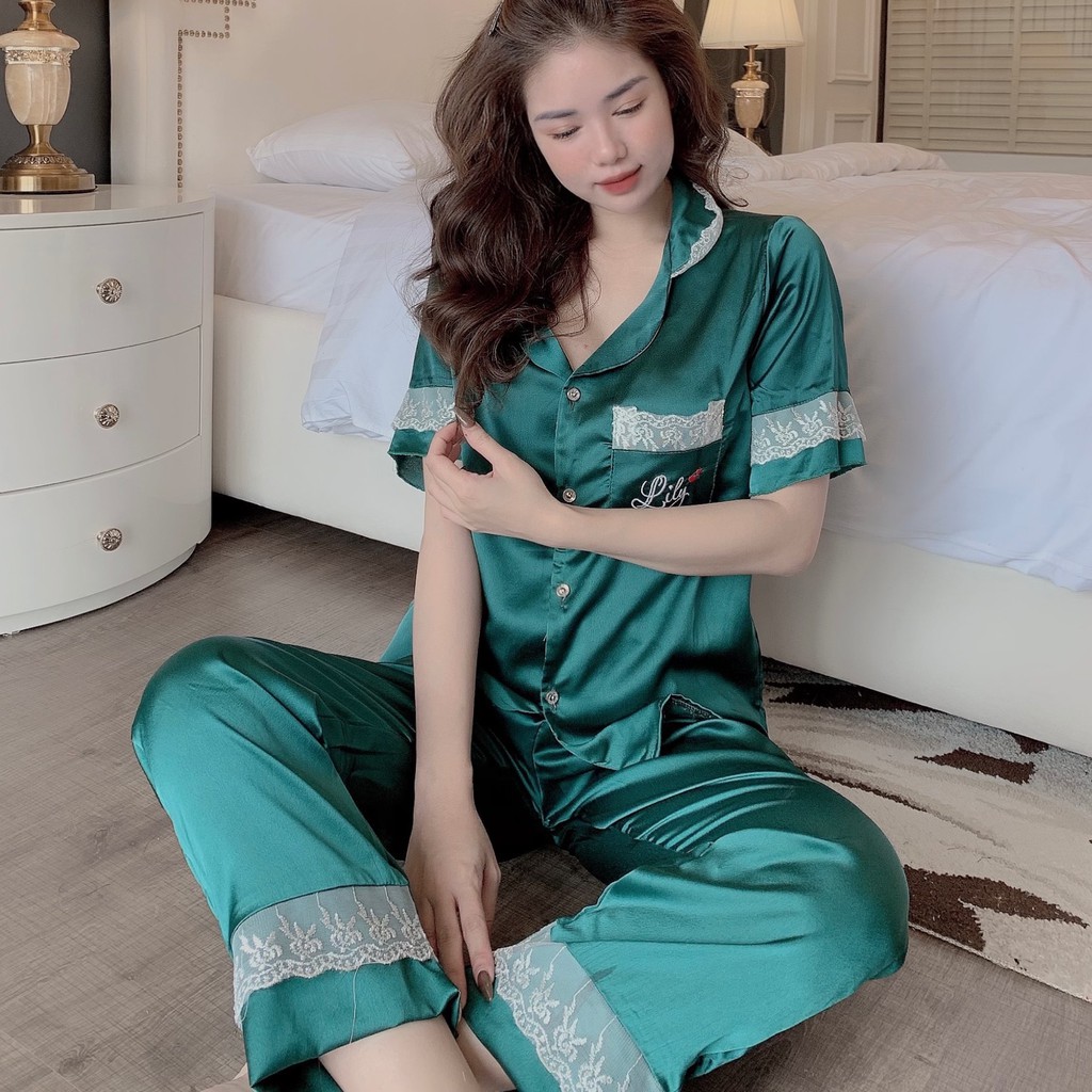 Đồ Bộ Pijama - Bộ Lụa Áo Cộc-Quần Dài Chất Liệu Satin phối ren | BigBuy360 - bigbuy360.vn