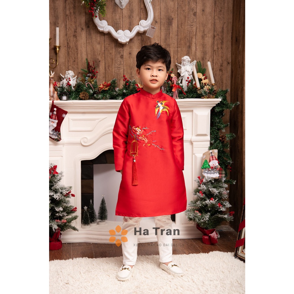 Áo dài bé trai thêu đèn lồng 3 màu đỏ xanh vàng áo dài tết cho bé trai mặc đi chơi chụp ảnh lễ tết