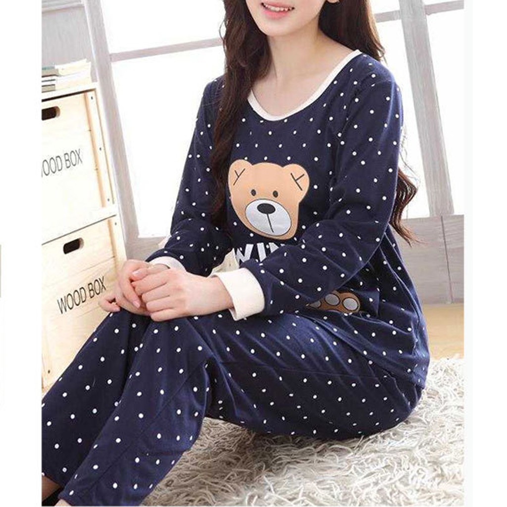 Bộ Pijama Dài Tay In Hình Gấu + Quần Dài Chấm Bi