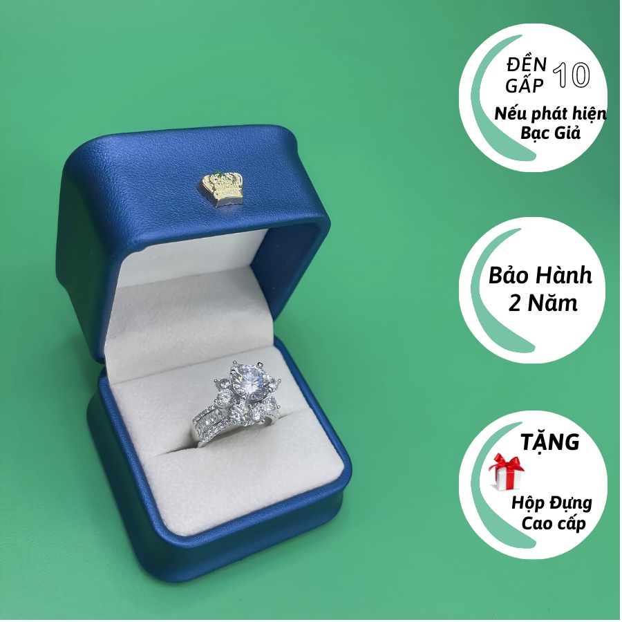 Nhẫn bạc nữ xi bạch kim mặt đá tròn đính đá cao cấp, bền màu, lên tay cực sang [ Vườn Bạc ]