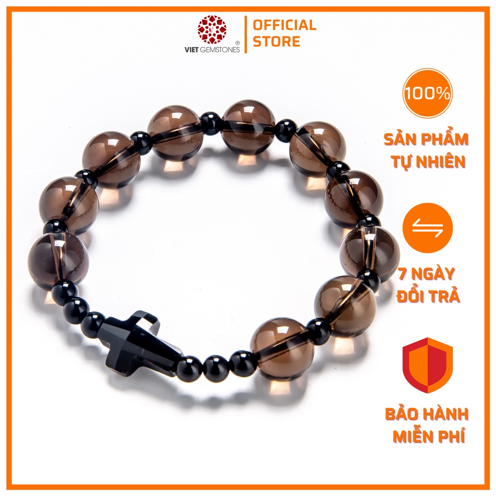 Vòng chuỗi mân côi TA khói tự nhiên - Thánh giá pha lê nhập khẩu Italia 10mm | VietGemstones