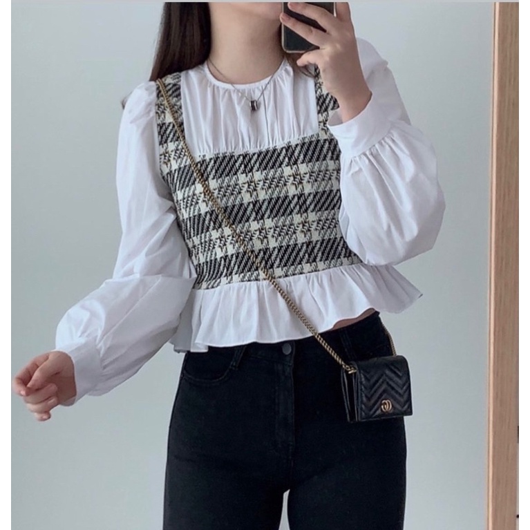 Áo sơ mi phối dạ kẻ xanh Áo ngắn xoè