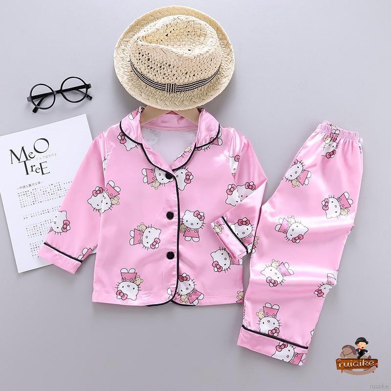 Bộ Đồ Ngủ Pijama Dài Tay In Hình Mèo Dễ Thương Cho Bé Từ 1-6 Tuổi