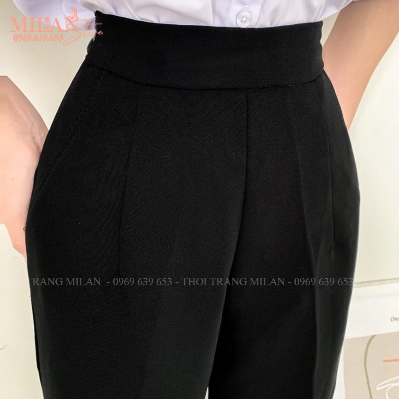 Quần tây lưng chun đi học nữ cạp cao khóa sườn dáng dài màu đen - Quần vải học sinh nữ đáy cao dày mềm phối áo sơ mi đẹp