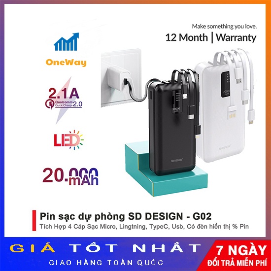 Sạc dự phòng chính hãng SD DESIGN G02 dung lượng 20.000 mAh với đầy đủ chân sạc cho iphone, samsung, xiaomi,...