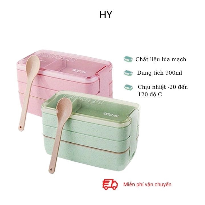 Hộp Cơm Lúa Mạch 3 Tầng Dùng Được Lò Vi Sóng Tặng Kèm Thìa Đũa