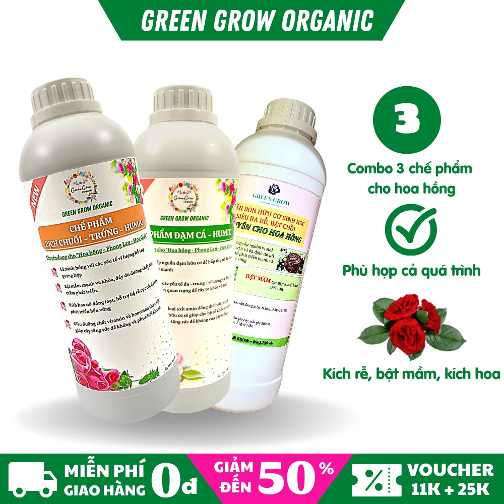 Combo phân đạm cá và dịch chuối vi sinh Green Grow Organic, phân cá, dịch chuối trứng, vi sinh kích rễ mỗi chai 1 lít