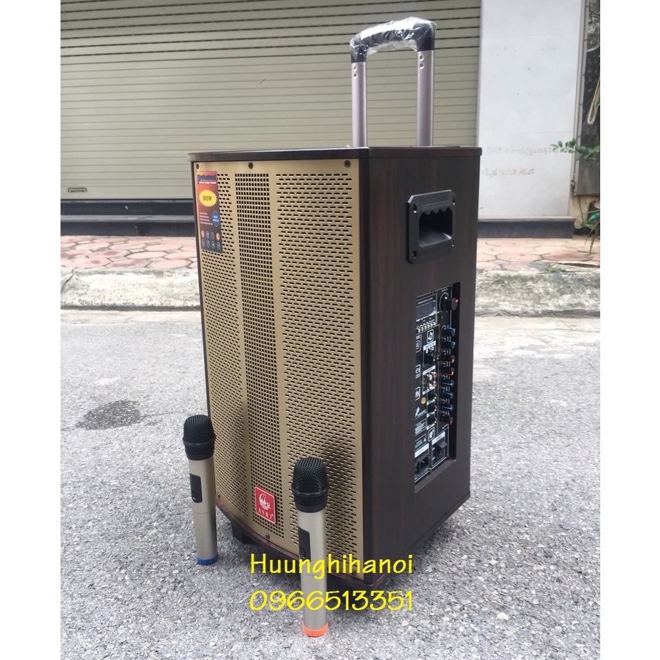 Loa di động karaoke hát cực hay GJ1208 loa 3 tấc, thùng gỗ, 3 đường tiếng tặng kèm 2 micro UHF nhôm không dây hát hay
