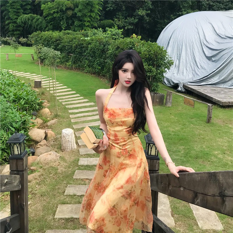 M140 - Đầm voan tơ hoa Ulzzang cổ yếm thắt nơ hở lưng quý phái