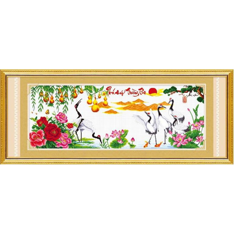 Tranh thêu chữ thập Phú quý trường thọ - hạc mẫu đơn hồ lô sen < YZ704 > chưa thêu