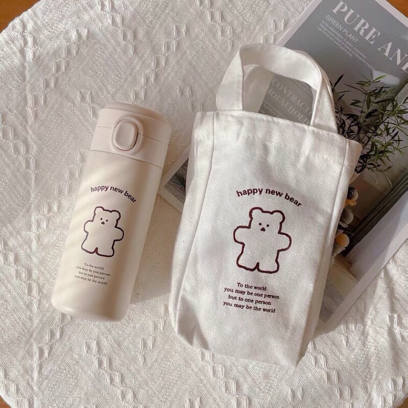 Bình giữ nhiệt hình gấu siêu dễ thương tiện dụng kèm túi vải xách tay canvas