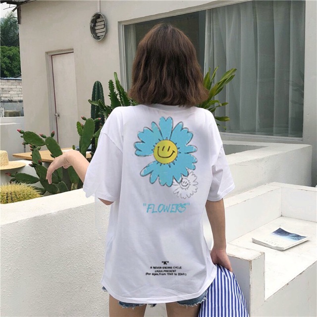 Áo thun tay lỡ hoa xanh