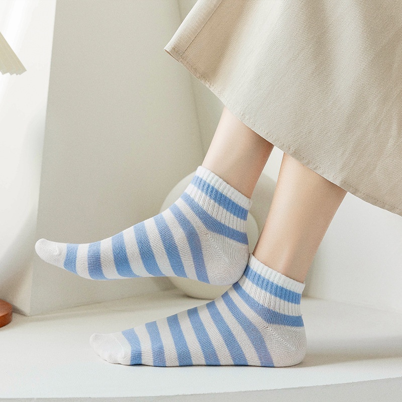 Tất nữ vớ cổ ngắn set 5 đôi kẻ sọc cute phong cách Hàn Quốc trẻ trung chất liệu co giãn thoáng mát