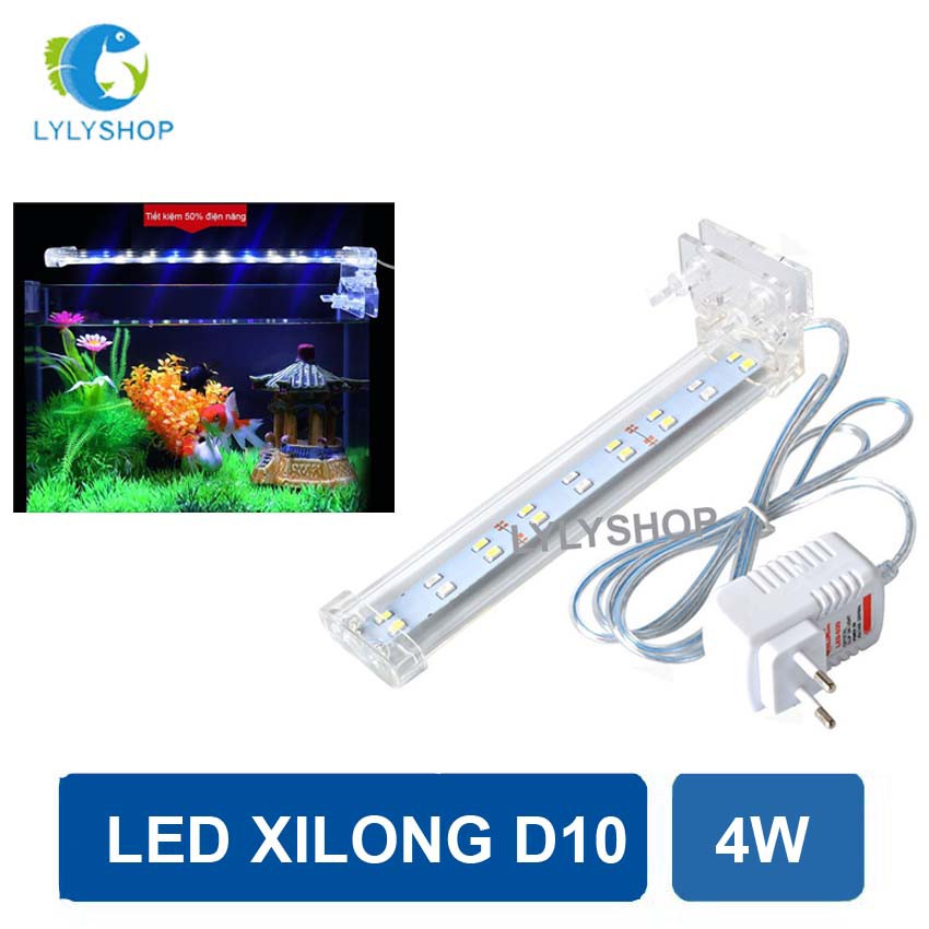 Đèn Led kẹp bể cá mini 15cm - 25cm XILONG D10 công suất 4W, dài 14.5cm, ánh sáng trắng xanh cao cấp