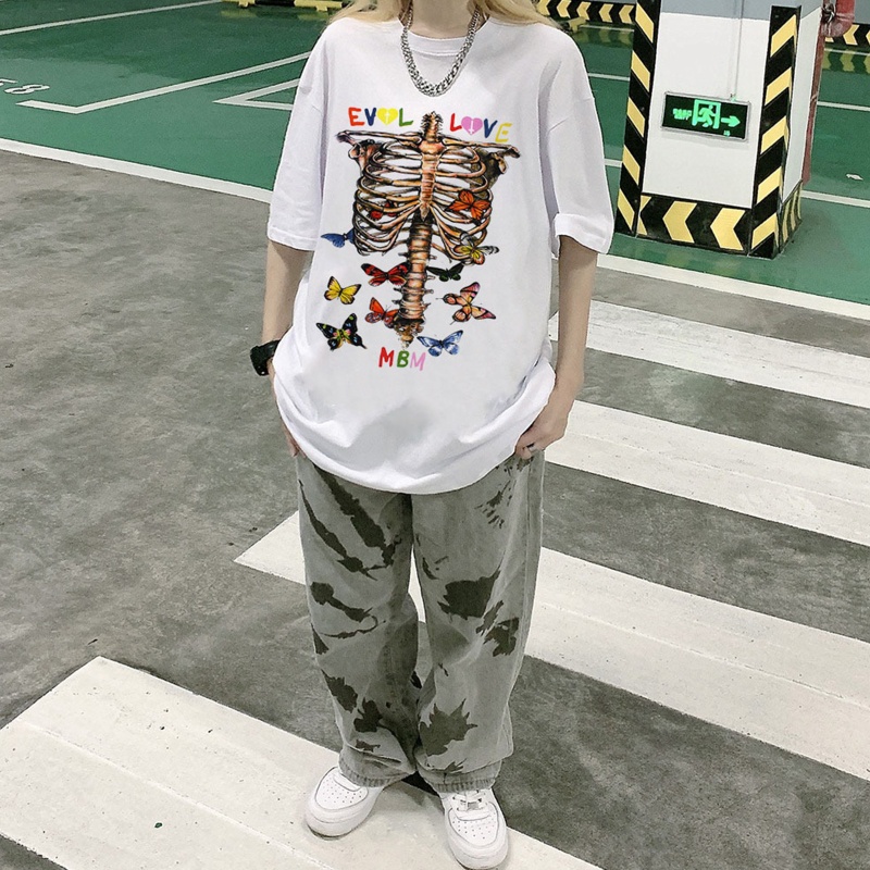 Brroa Áo Thun Tay Ngắn Oversize In Hình Bộ Xương Ngực Nhiều Màu Sắc Phong Cách Gothic Punk Harajuku Cho Nữ