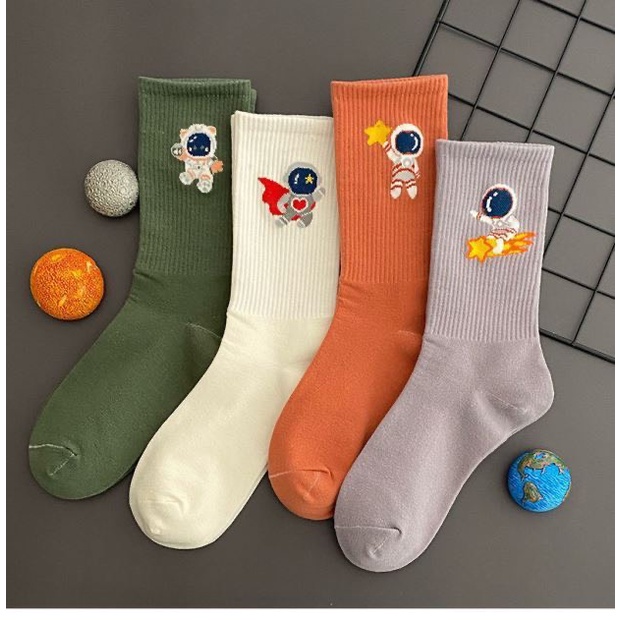 Tất Vớ Dài Cô Cao Nam Nữ Màu Trơn Có Thêu Hình Phi Hành Gia vải cotton mềm mại thấm hút,