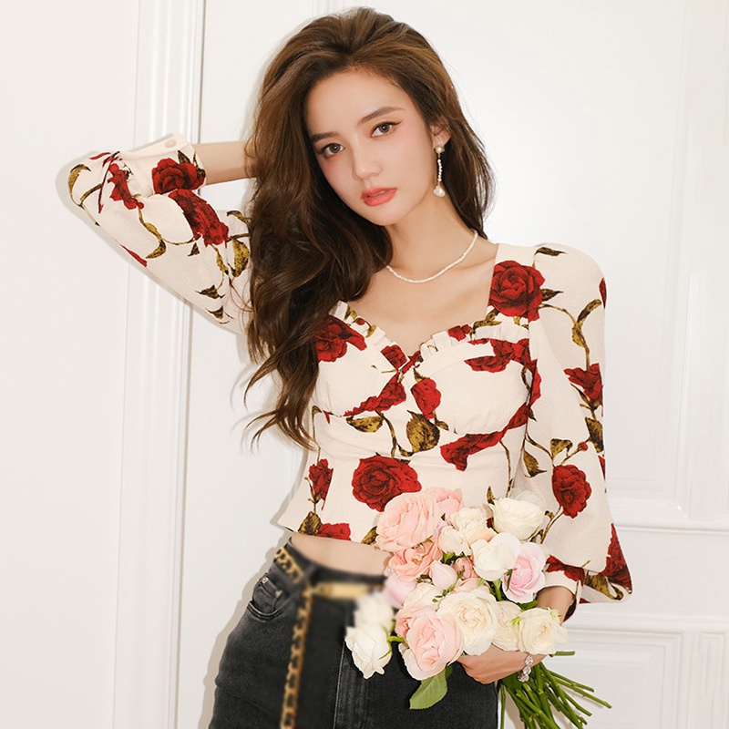 Áo Sơ Mi Croptop Tay Dài Phồng In Họa Tiết Hoa Hồng Kiểu Vintage Hàn Quốc Thời Trang Cho Nữ