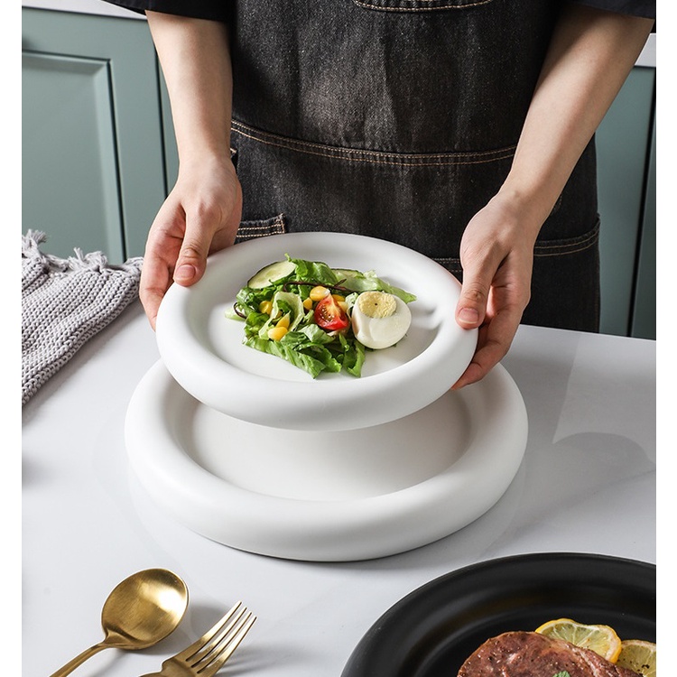 Đĩa sứ trắng mấn tròn cách điệu cao cấp 25cm và 20cm cho nhà hàng