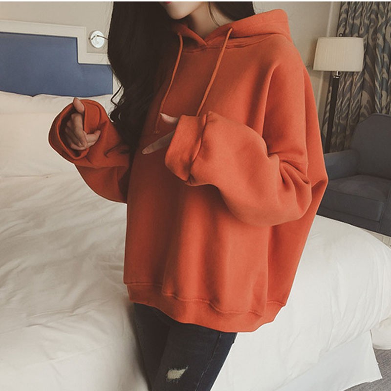 Áo Hoodies nữ tay dài màu trơn thiết kế dáng rộng thoải mái và thời trang
