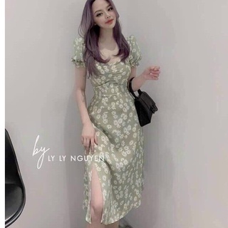 Đầm hoa nhí voan dáng dài xẻ tà xinh xắn phong cách retro