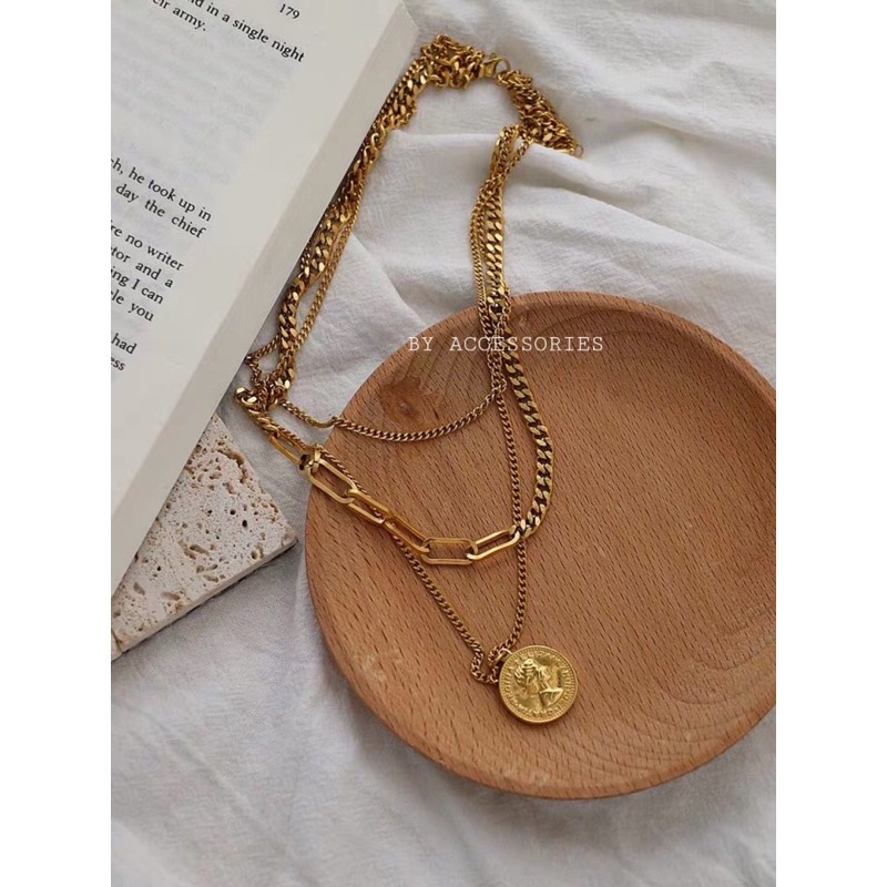 Dây chuyền titan đồng xu vintage 3 tầng không gỉ