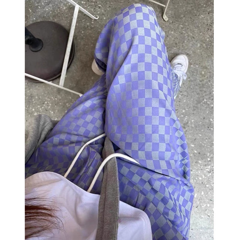IMAODOU New Style Purple Plaid Pants Fashion Korean High-Waist Wide-Leg Pants Women