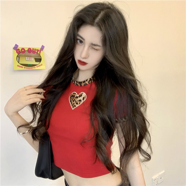 Áo thun nữ ngắn tay họa tiết da báo cổ điển phong cách Hồng Kông mùa hè 2021 cạp cao crop top in