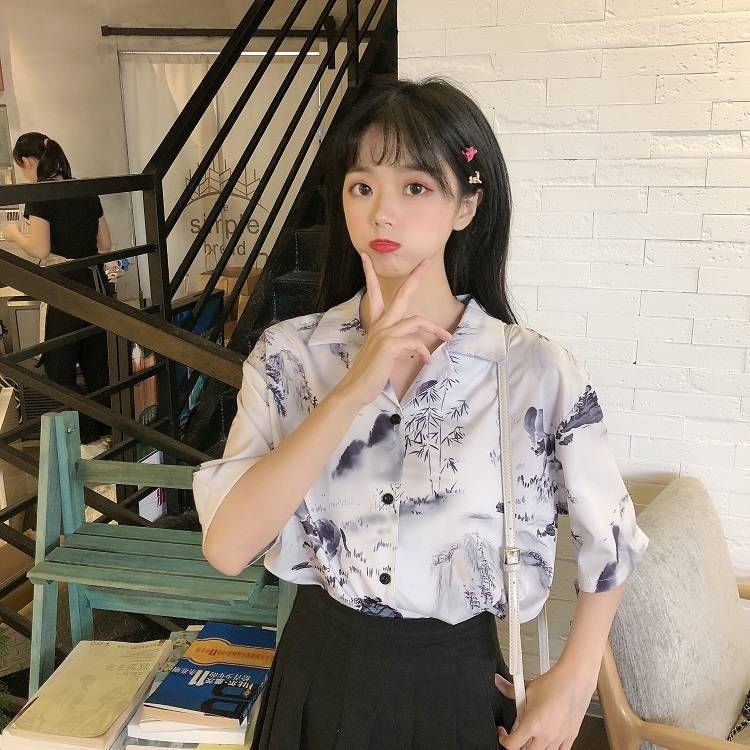 Áo Sơ Mi Tay Ngắn Họa Tiết Mực In Thời Trang Phong Cách Hàn Quốc Cho Nữ