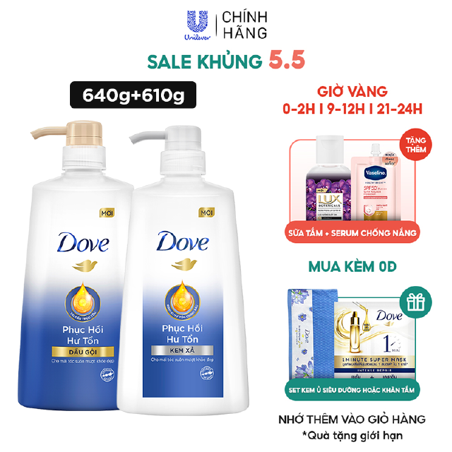 Bộ sản phẩm Dove Phục Hồi Hư Tổn dầu gội 640g + kem xả 610 giá chỉ còn <strong class="price">20.900.000.000đ</strong>