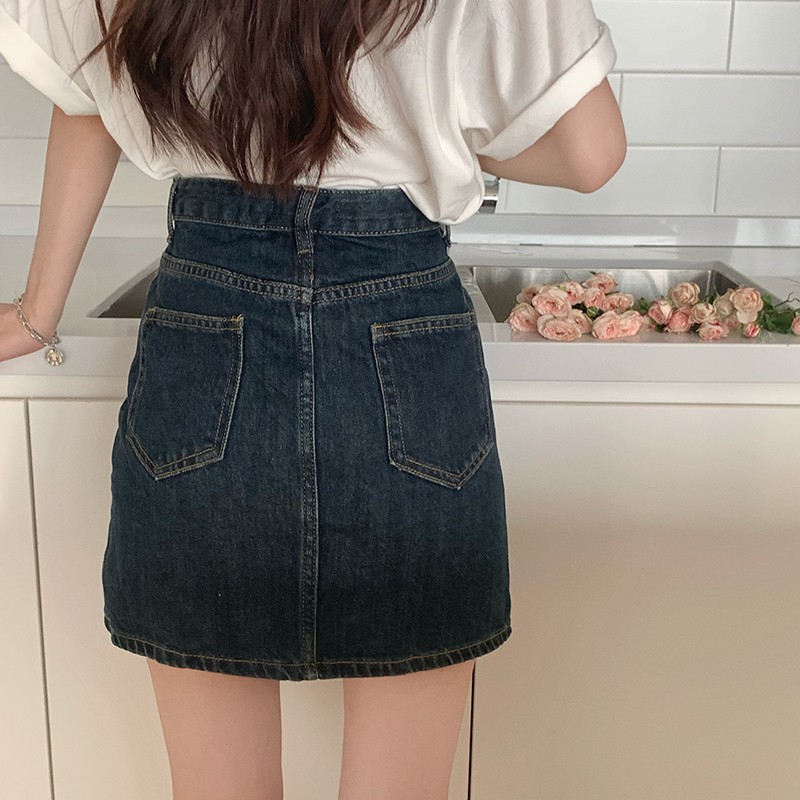 Xiaozhainv Chân váy jean kiểu chữ A lưng cao phong cách Hàn Quốc thời trang mùa hè dễ thương cho nữ