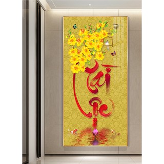 Tranh Dán Tường Hoa Mai/Hoa Đào Thư Pháp Chữ Tài Lộc Khổ Dọc TDT-0055