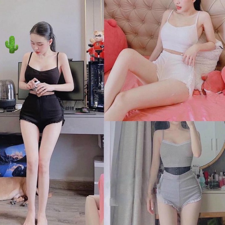 Sét bộ áo 2 dây quần đùi phối ren sexy(B.C)