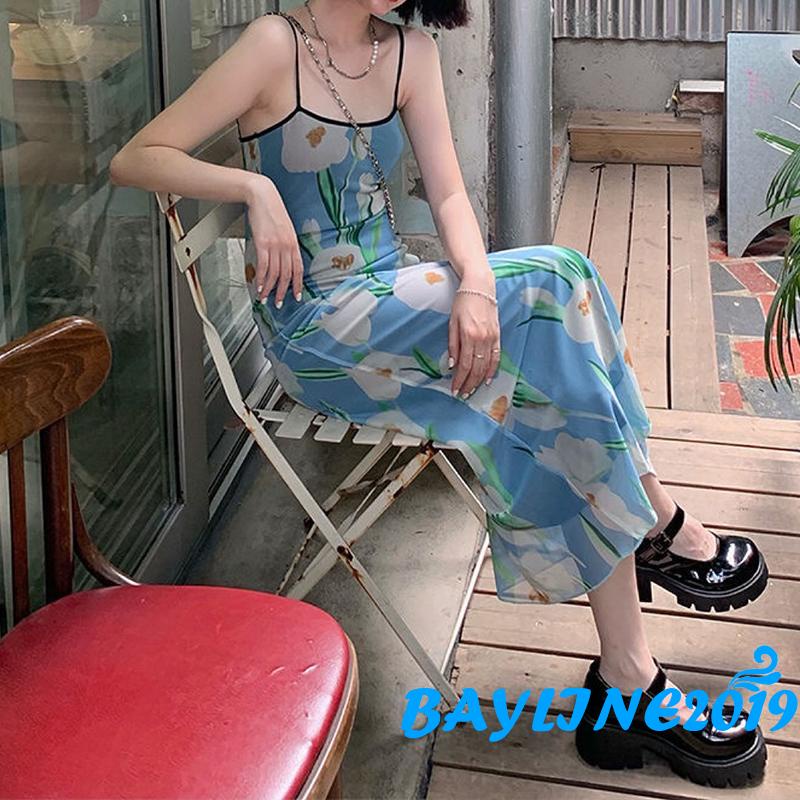 Đầm hai dây dáng dài cổ vuông in họa tiết hoa thời trang quyến rũ cho nữ