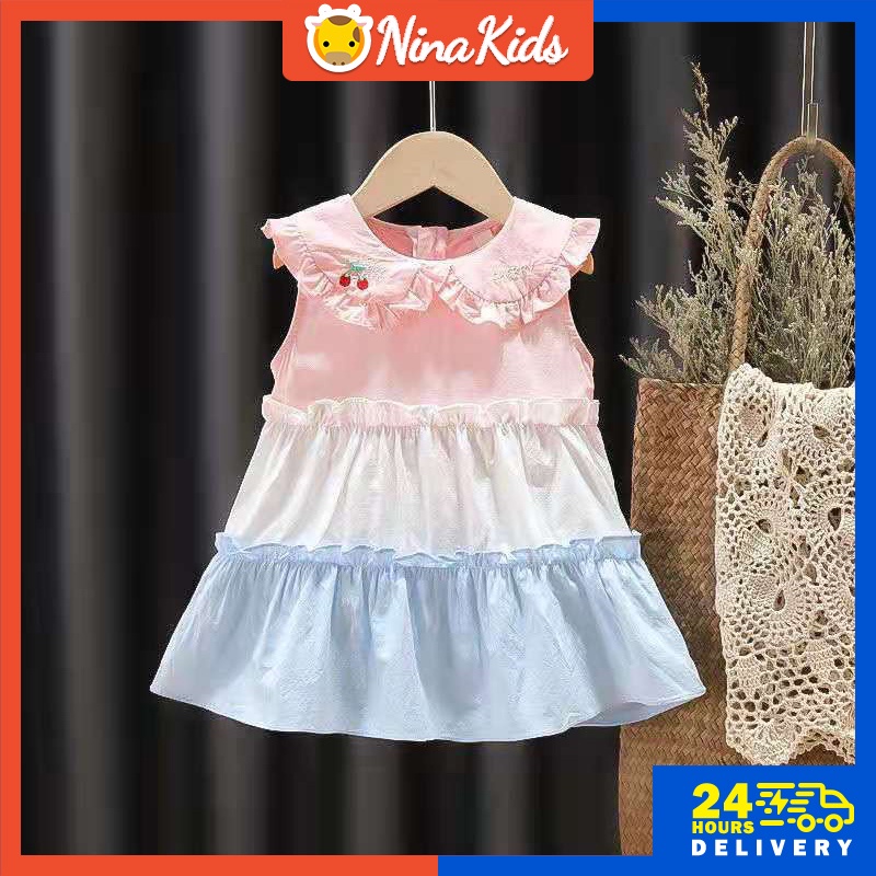 Đầm búp bê Nina Kids phối ba màu thêu họa tiết xinh xắn dành cho bé gái từ 0 - 4 tuổi