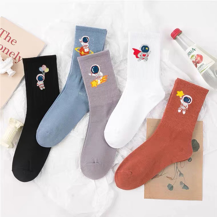 Tất Vớ Dài Cô Cao Nam Nữ Màu Trơn Có Thêu Hình Phi Hành Gia vải cotton mềm mại thấm hút,