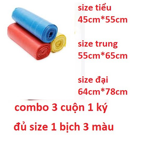 combo 3 cuộn túi đựng rác tự phân hủy 1 ký không nhám đủ màu đủ size kích thước