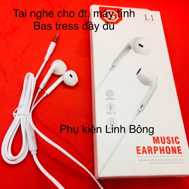 (Ảnh thật) TAI NGHE ĐIỆN THOẠI CÓ DÂY EARPHONE L1 màu trắng phù hợp tất cả các dòng điện thoại