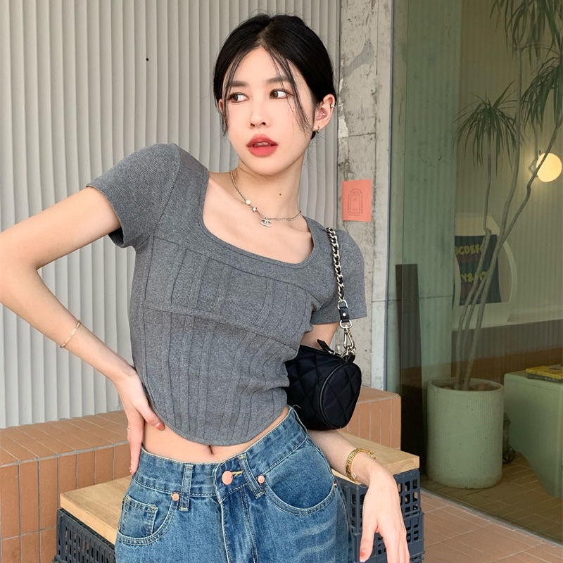 COZOK Áo Thun Ngắn Tay Cổ Vuông Dáng Ôm Hở Eo Xinh Xắn Thời Trang