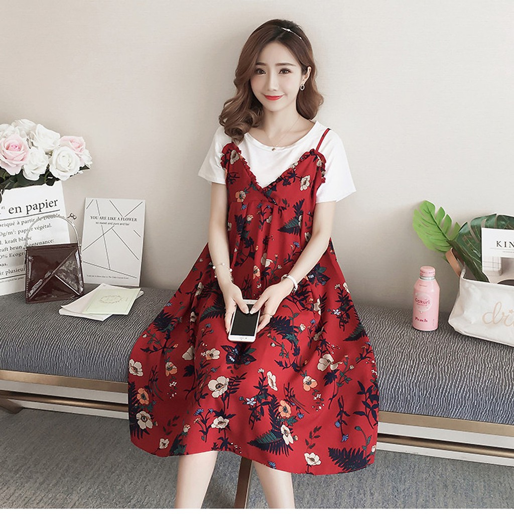 Đầm Bầu Sét Yếm - Đỏ Hoa