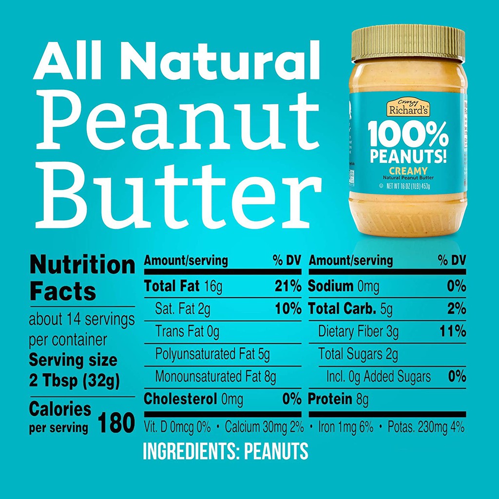BƠ ĐẬU PHỘNG ĂN KIÊNG Crazy Richard's Creamy Peanut Butter 100% Natural-NonGMO-Vegan-Kosher, Made in USA, 453g (16oz)