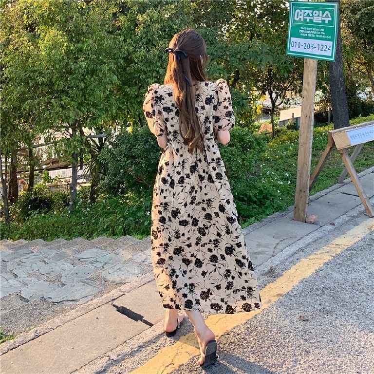 Đầm Dài Tay Phồng In Họa Tiết Hoa Phong Cách Hàn Quốc Cổ Điển Dành Cho Nữ