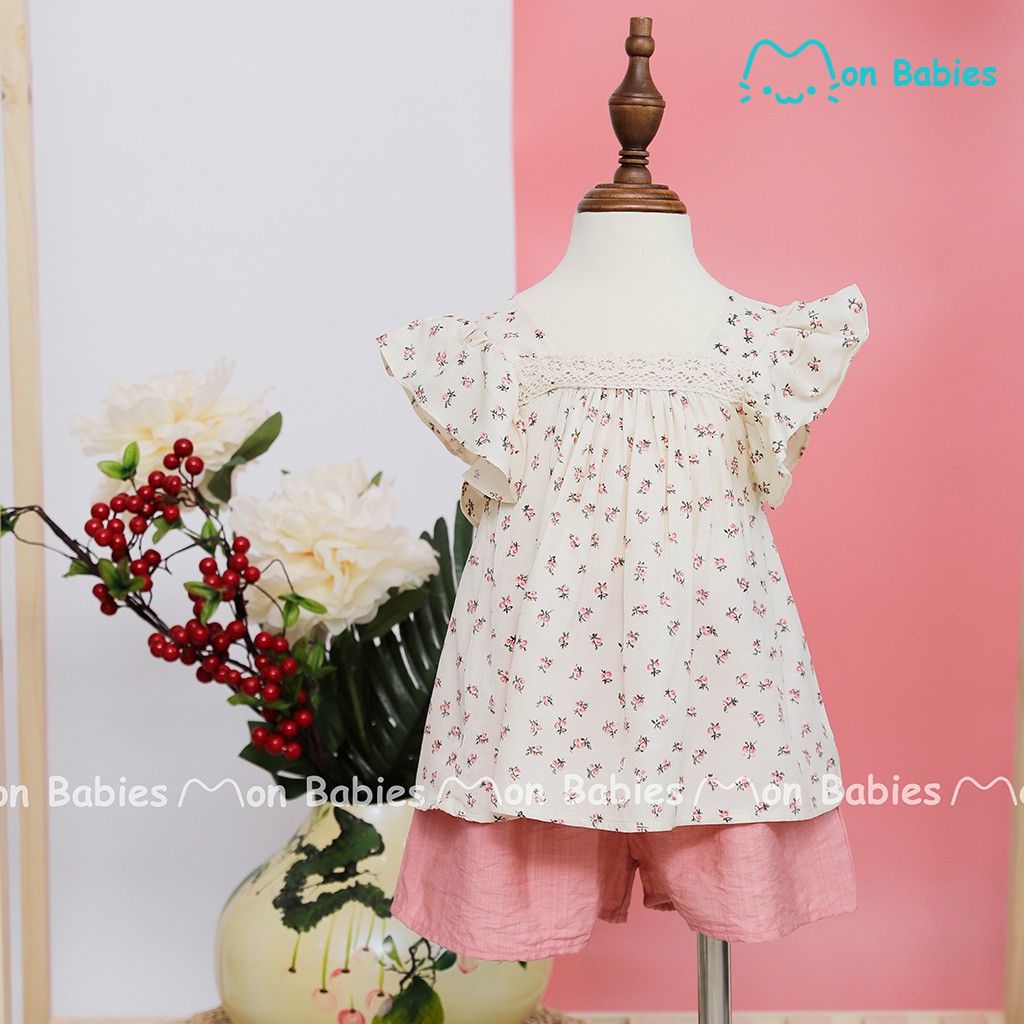 Quần áo bé gái 1-6 tuổi chất đũi tằm họa tiết hoa nhí MonBabies VL73-Y - Bộ cộc tay thời trang trẻ em cao cấp chính hãng