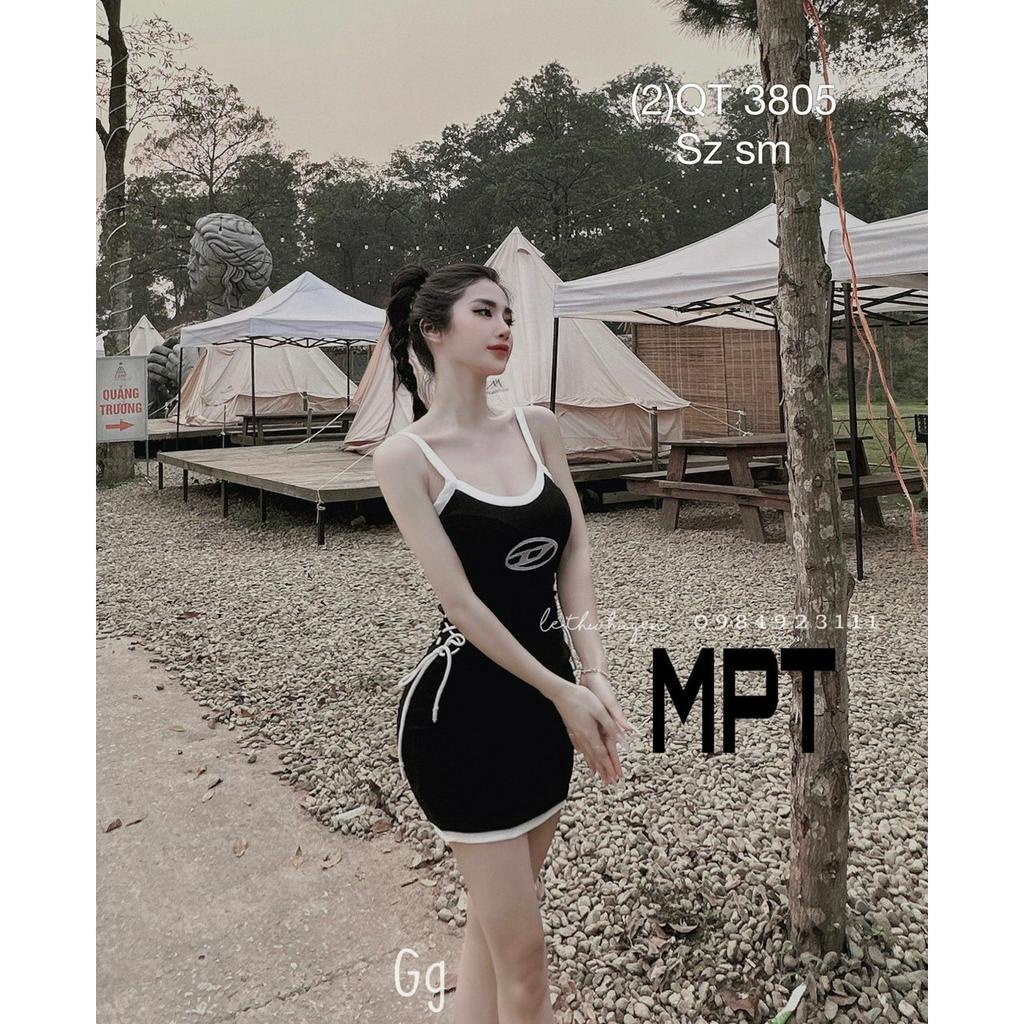 Đầm body nữ dáng ngắn kiểu 2 dây phối dây đan rút 2 bên eo in chữ D chất thun gân xinh hot