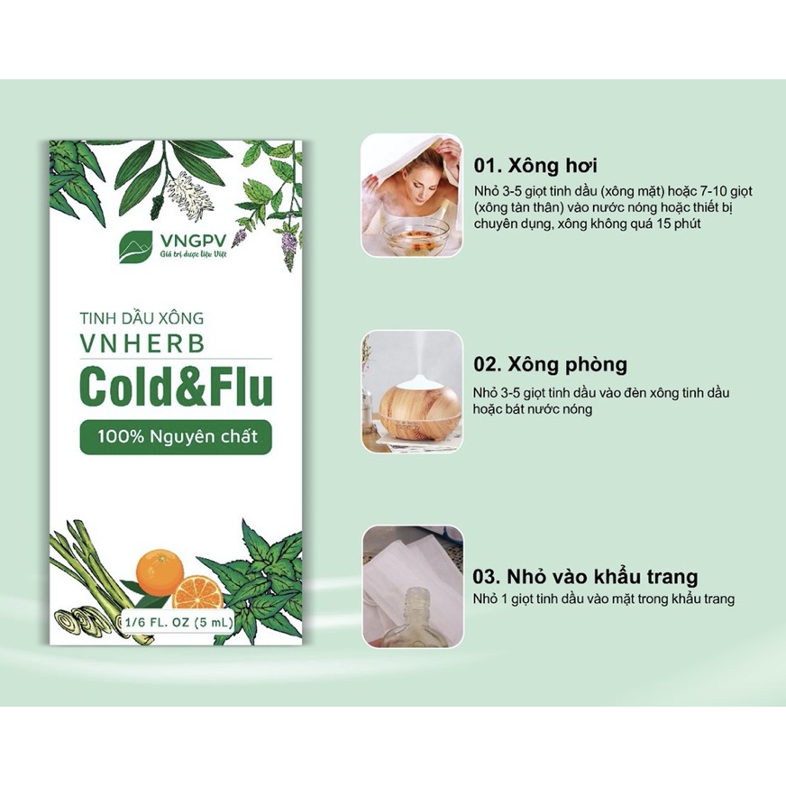 Tinh dầu xông VNHERB Cold &amp; Flu xông cảm cúm, khử mùi, xua đuổi côn trùng, làm thơm mát nhà cửa