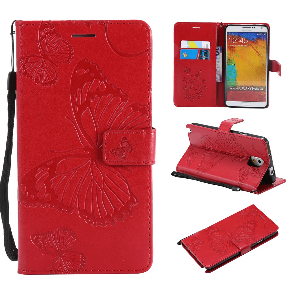 Bao da điện thoại họa tiết bươm bướm màu đỏ sang trọng cho Samsung Galaxy Note 3/4/8/9