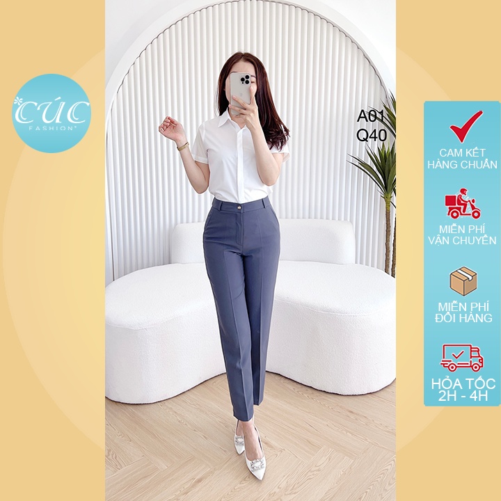 Quần tây nữ Cúc Fashion quần baggy lưng cạp cao vải from đẹp thời trang âu công sở dày dặn dài màu đen đi học chuẩn Q40