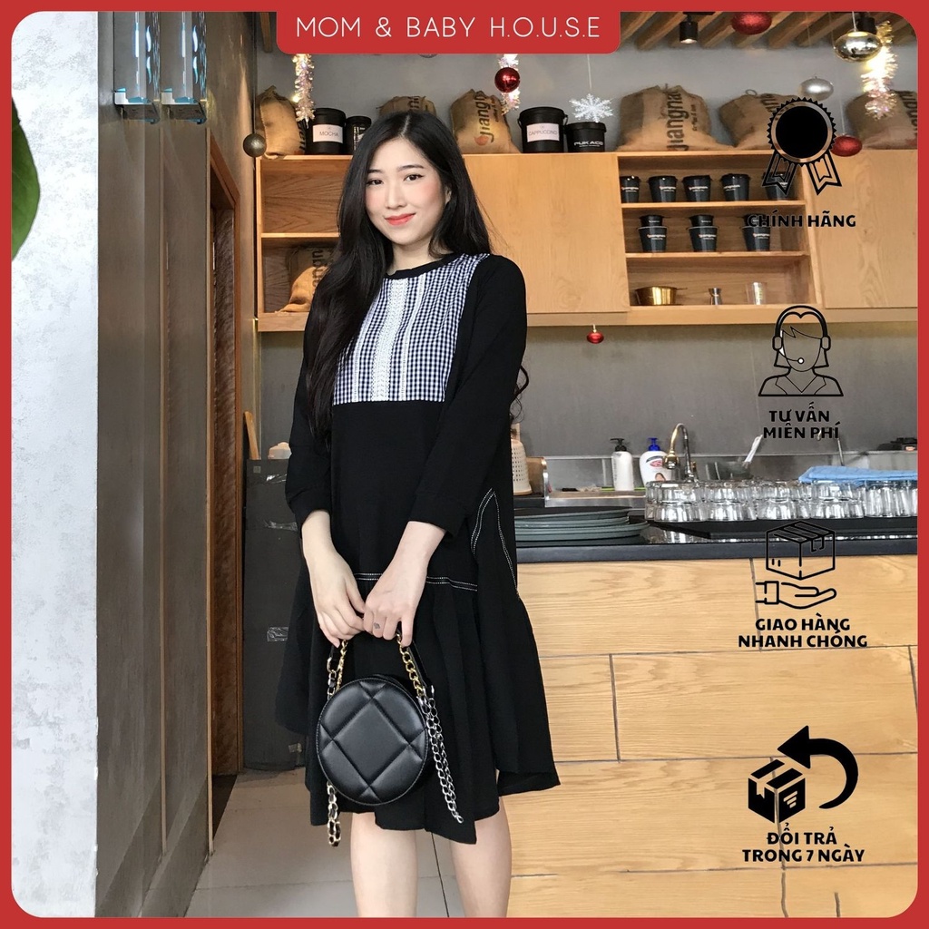 Đầm bầu đen đuôi cá phối ngực karo tay dài
