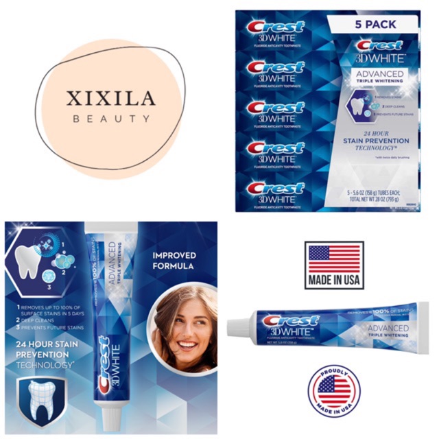 NEW2020 - Kem đánh răng CREST 3D White Advanced Triple Whitening 158g (làm trắng gấp 3 lần phiên bản cũ)